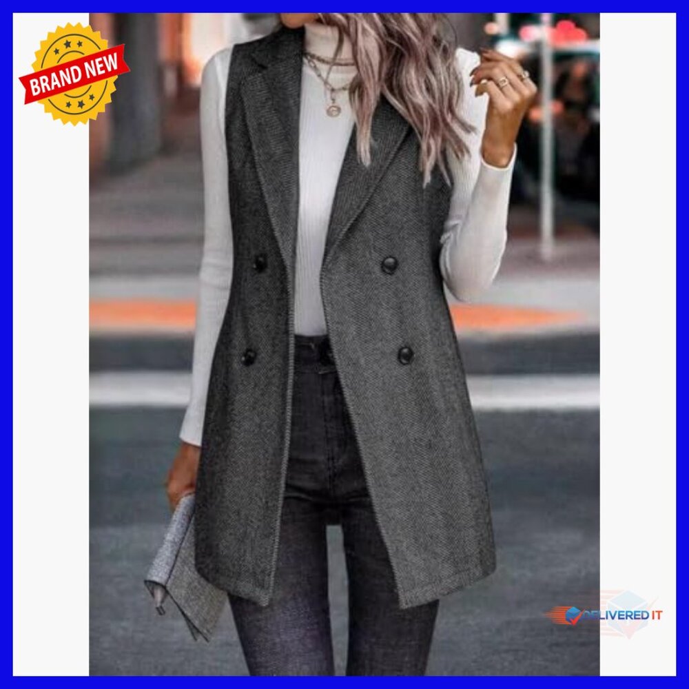 Long Sleeveless Tweed Vest Blazer Women's Wool Blend Double Breasted - Picture 4 of 5